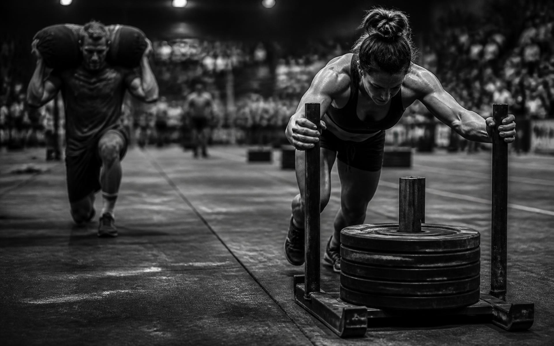 Two hybrid athletes mid-effort in a race arena, one pushing a loaded sled and one carrying a sandbag